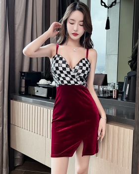 Sexy plaid sling package hip golden velvet low-cut dress
