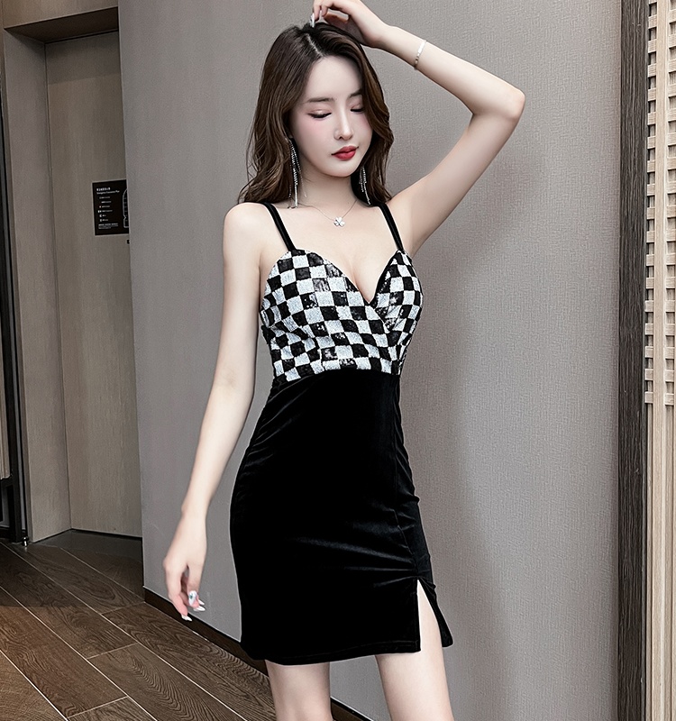 Sexy plaid sling package hip golden velvet low-cut dress