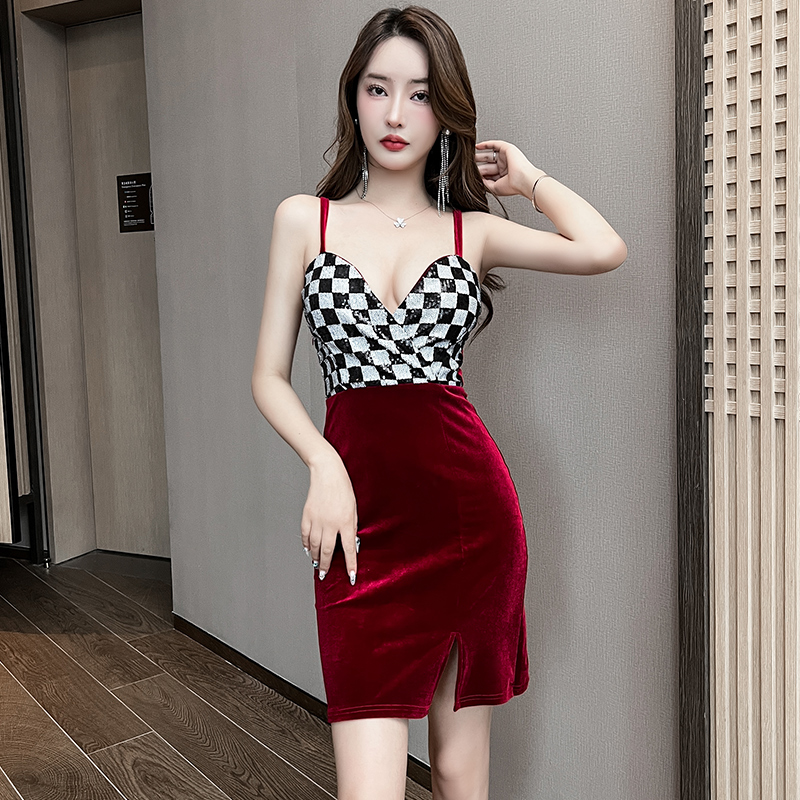 Sexy plaid sling package hip golden velvet low-cut dress