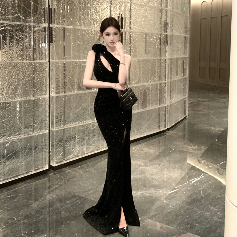 Pinched waist dress sloping shoulder formal dress for women