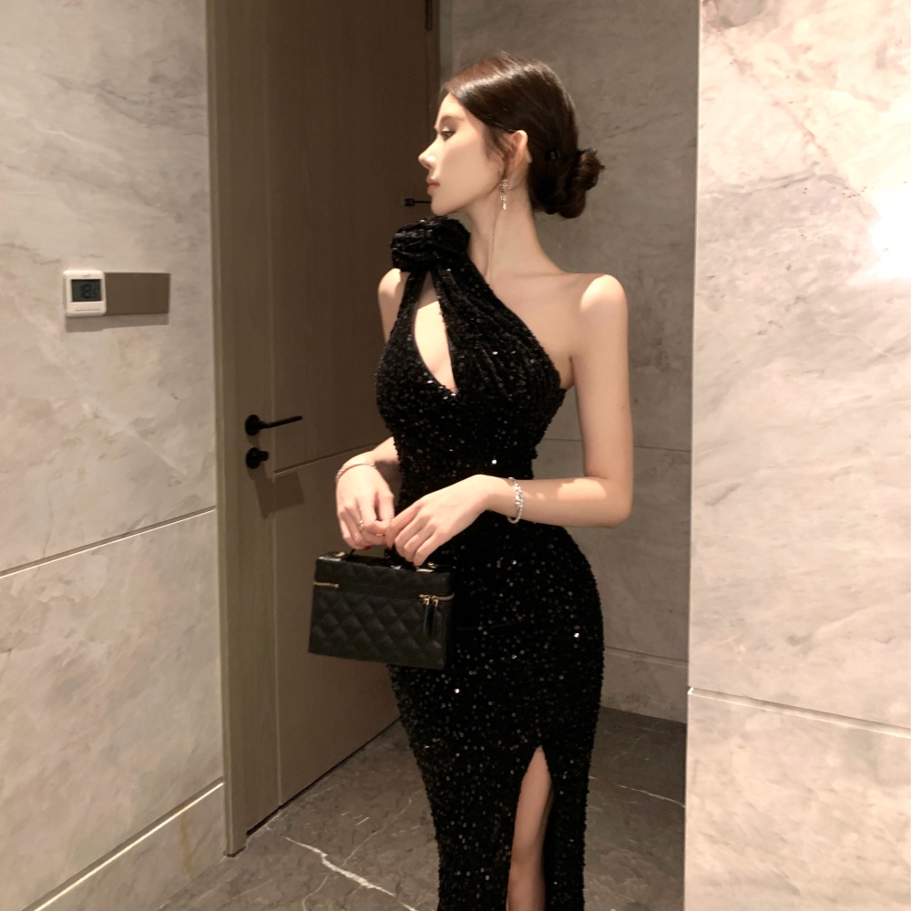 Pinched waist dress sloping shoulder formal dress for women