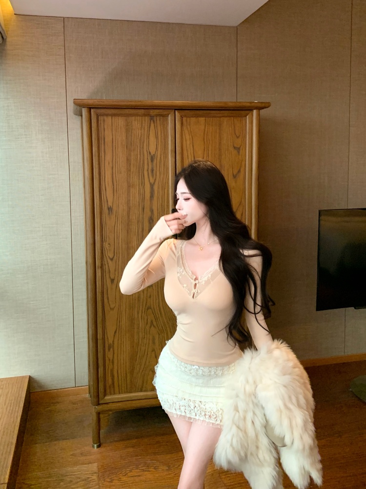 Autumn enticement V-neck tops slim long sleeve T-shirt