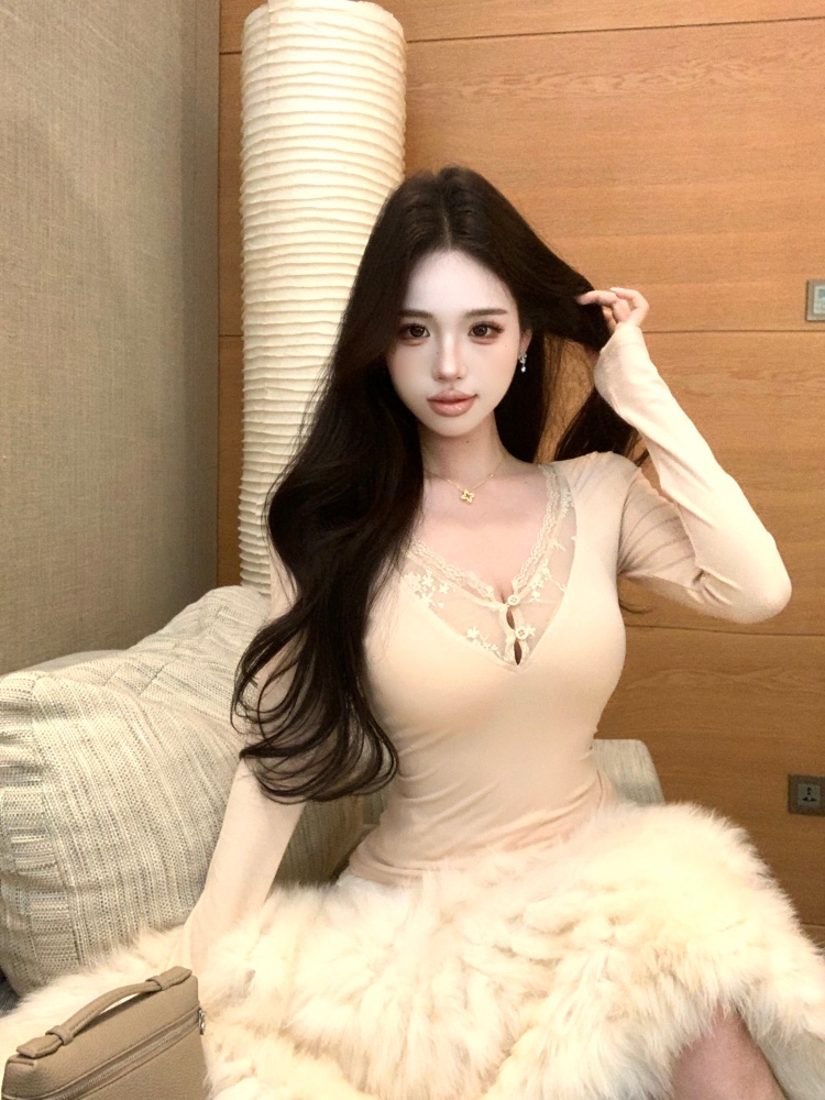 Autumn enticement V-neck tops slim long sleeve T-shirt