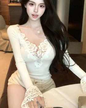 V-neck slim long sleeve splice lace T-shirt