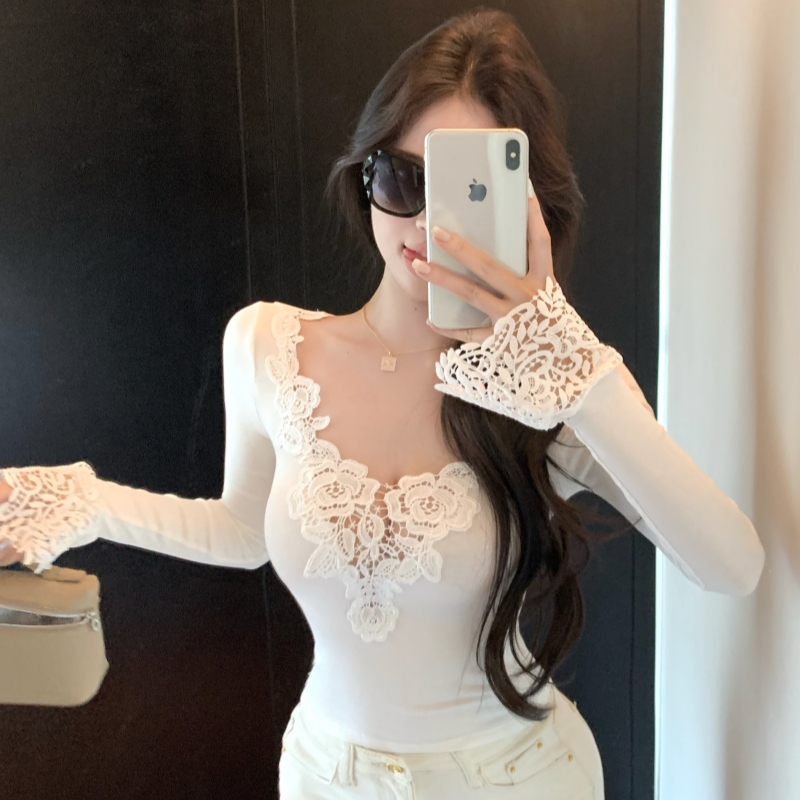 V-neck slim long sleeve splice lace T-shirt