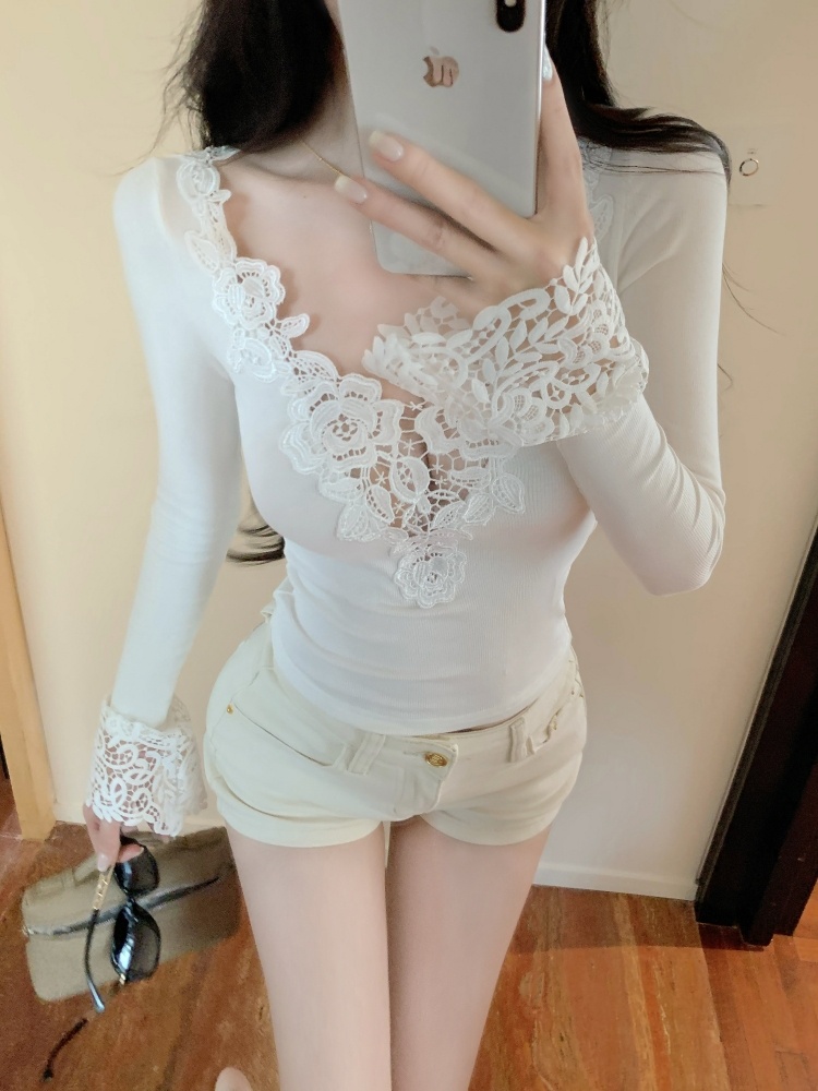 V-neck slim long sleeve splice lace T-shirt