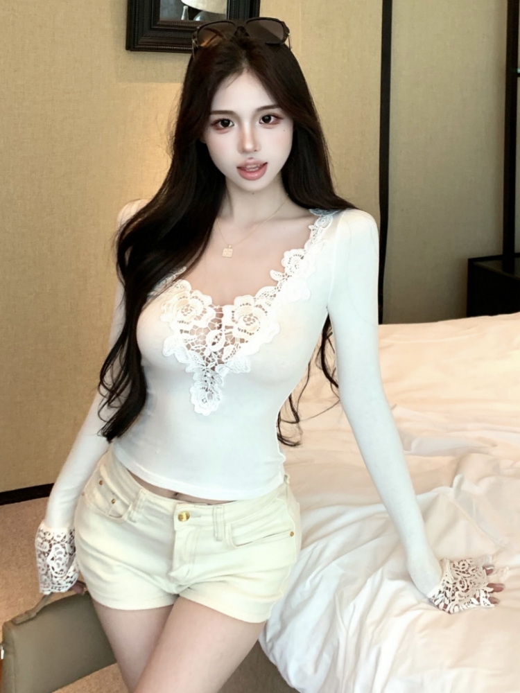 V-neck slim long sleeve splice lace T-shirt