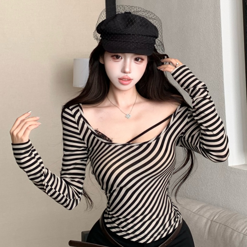Slim unique spicegirl T-shirt stripe autumn tops for women