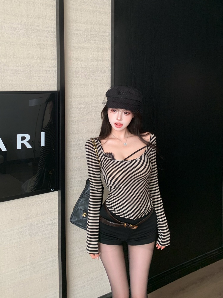 Slim unique spicegirl T-shirt stripe autumn tops for women