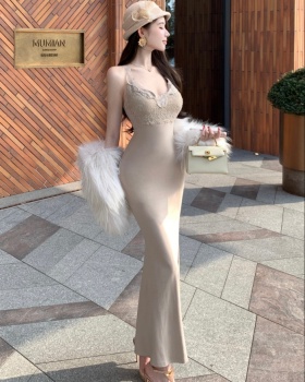 Sling splice lace slim long dress