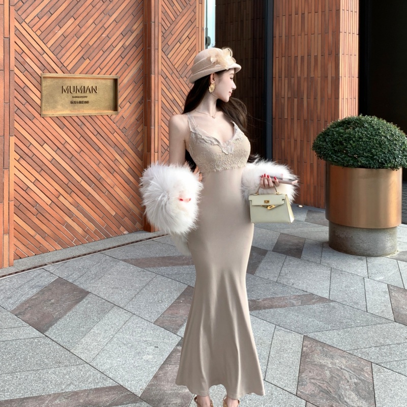 Sling splice lace slim long dress