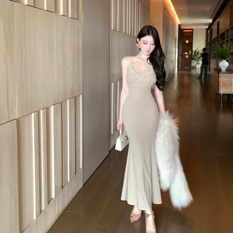 Sling splice lace slim long dress