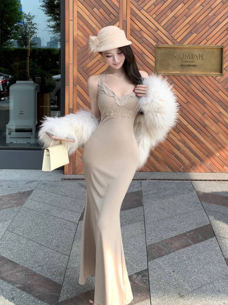 Sling splice lace slim long dress