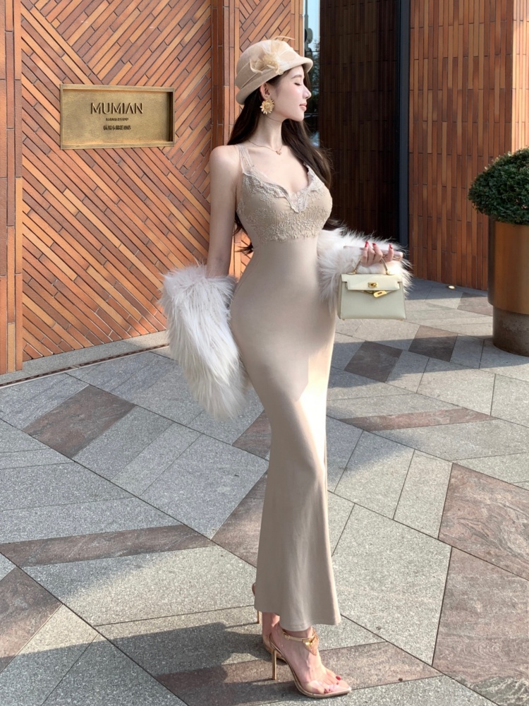 Sling splice lace slim long dress