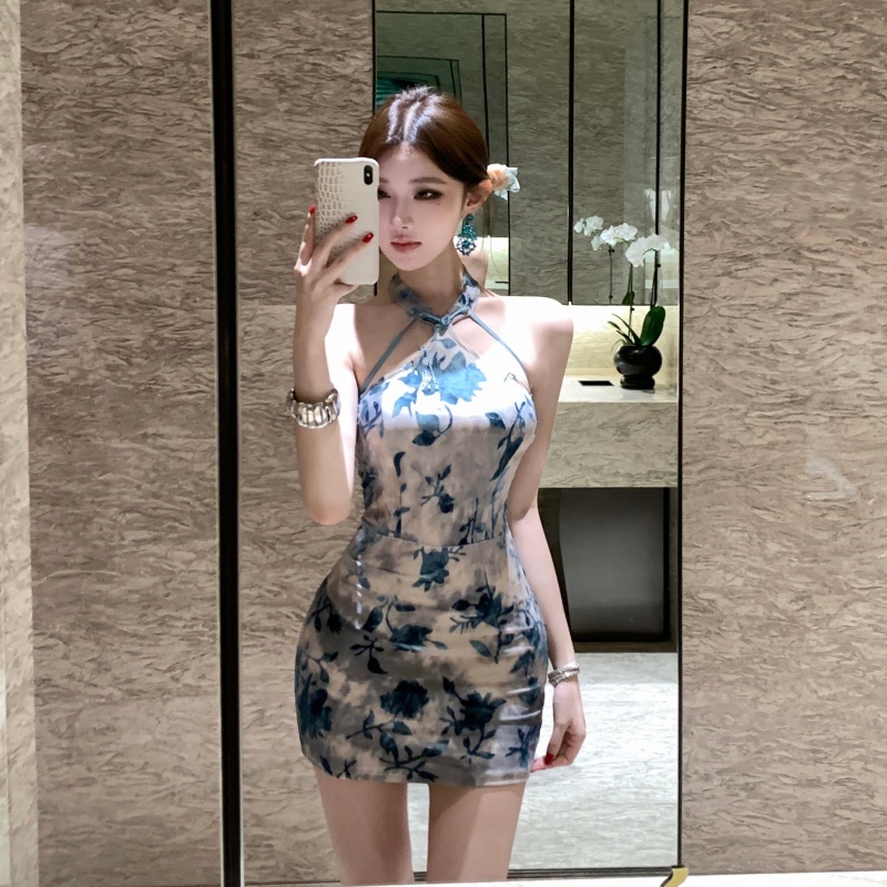 Slim package hip dress short flocking cheongsam