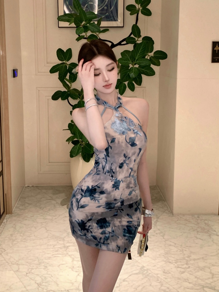 Slim package hip dress short flocking cheongsam