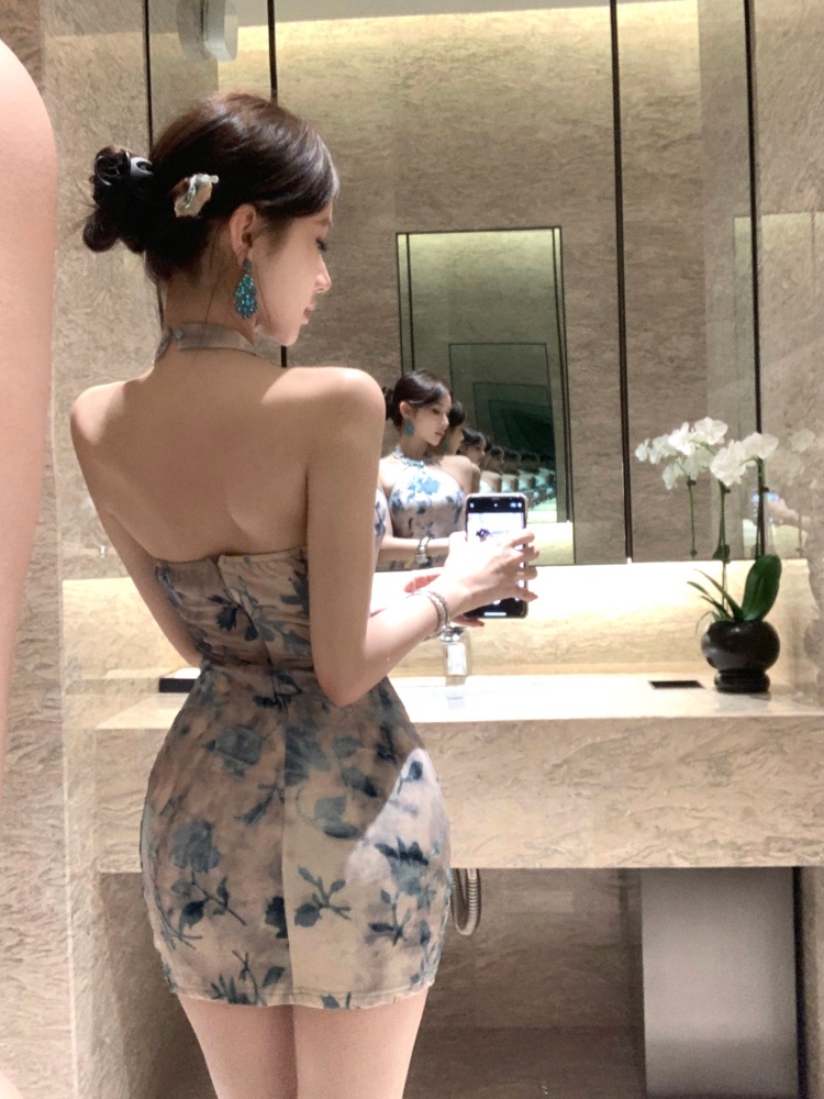 Slim package hip dress short flocking cheongsam