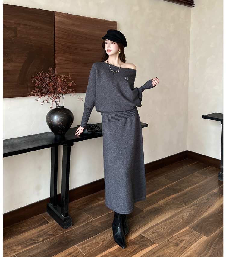 Thick lazy tops Korean style knitted skirt 2pcs set