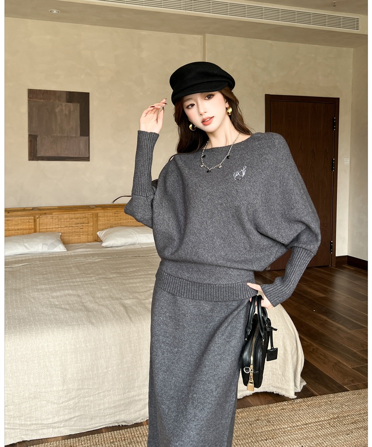 Thick lazy tops Korean style knitted skirt 2pcs set
