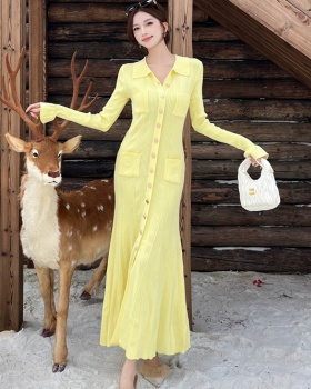 Knitted lapel long dress light luxury ladies dress