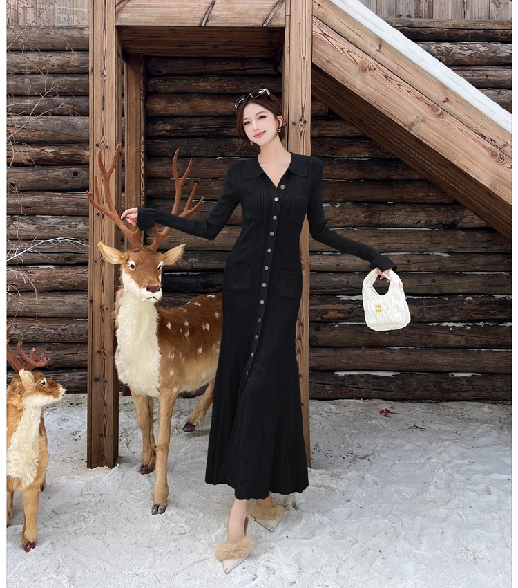 Knitted lapel long dress light luxury ladies dress