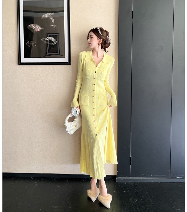Knitted lapel long dress light luxury ladies dress