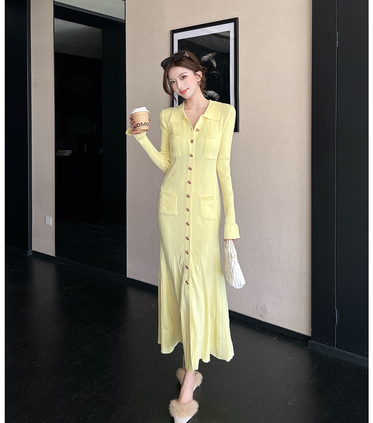 Knitted lapel long dress light luxury ladies dress