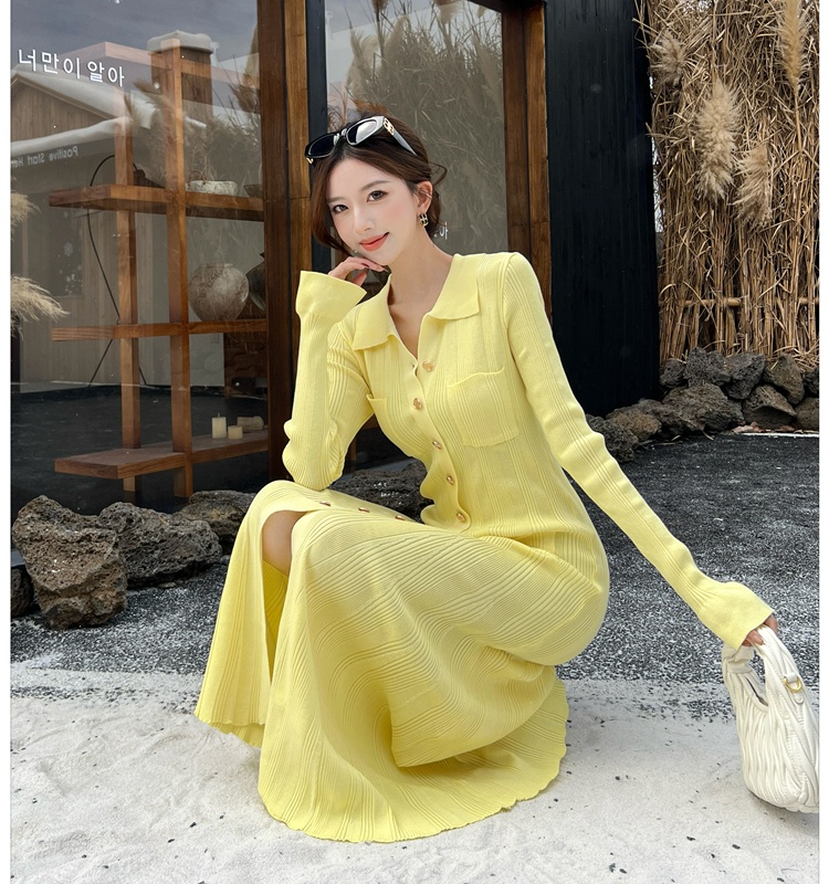Knitted lapel long dress light luxury ladies dress