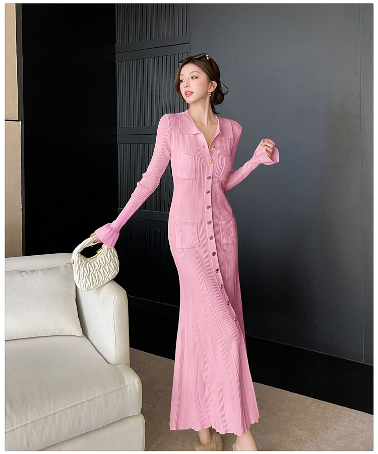 Knitted lapel long dress light luxury ladies dress