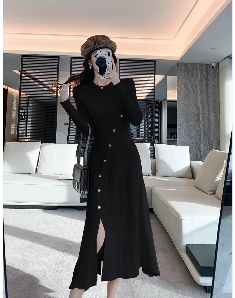Temperament long sleeve dress hollow knitted long dress