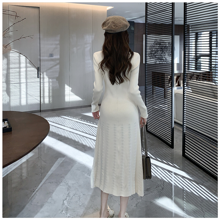 Temperament long sleeve dress hollow knitted long dress