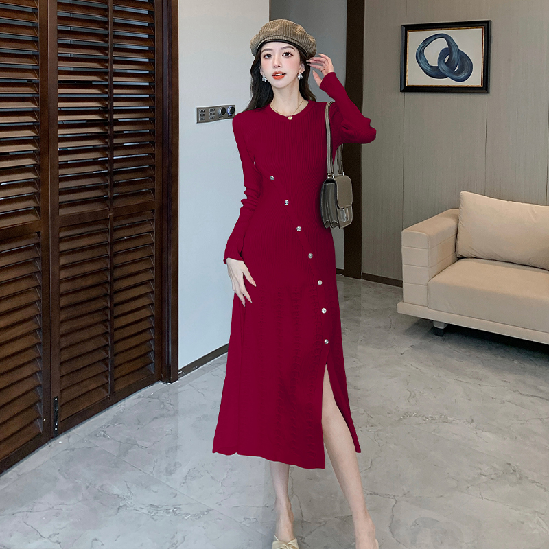 Temperament long sleeve dress hollow knitted long dress