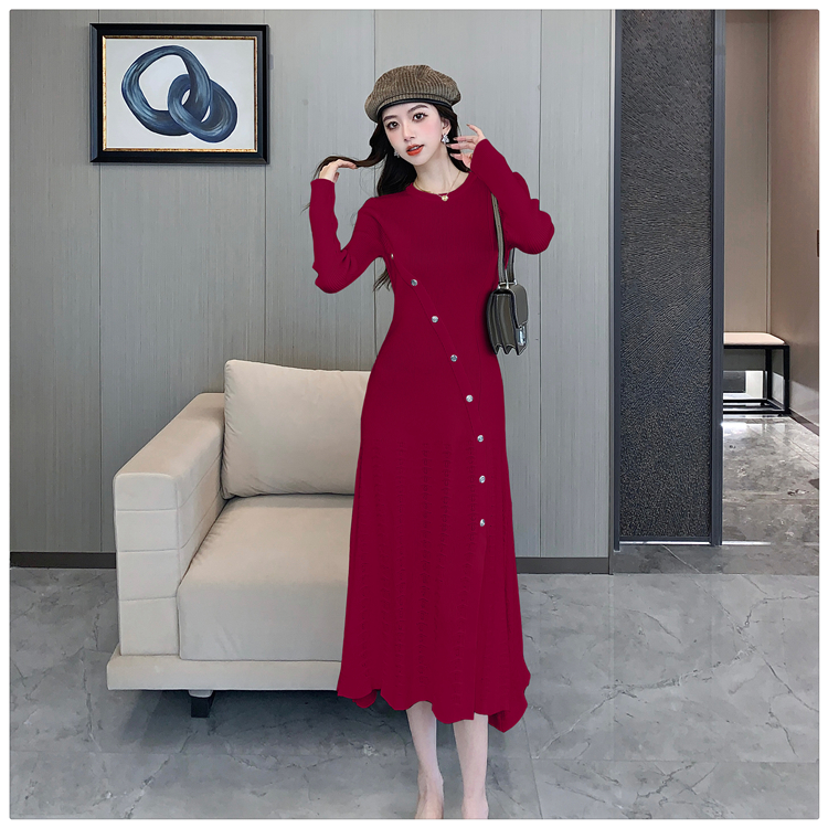 Temperament long sleeve dress hollow knitted long dress