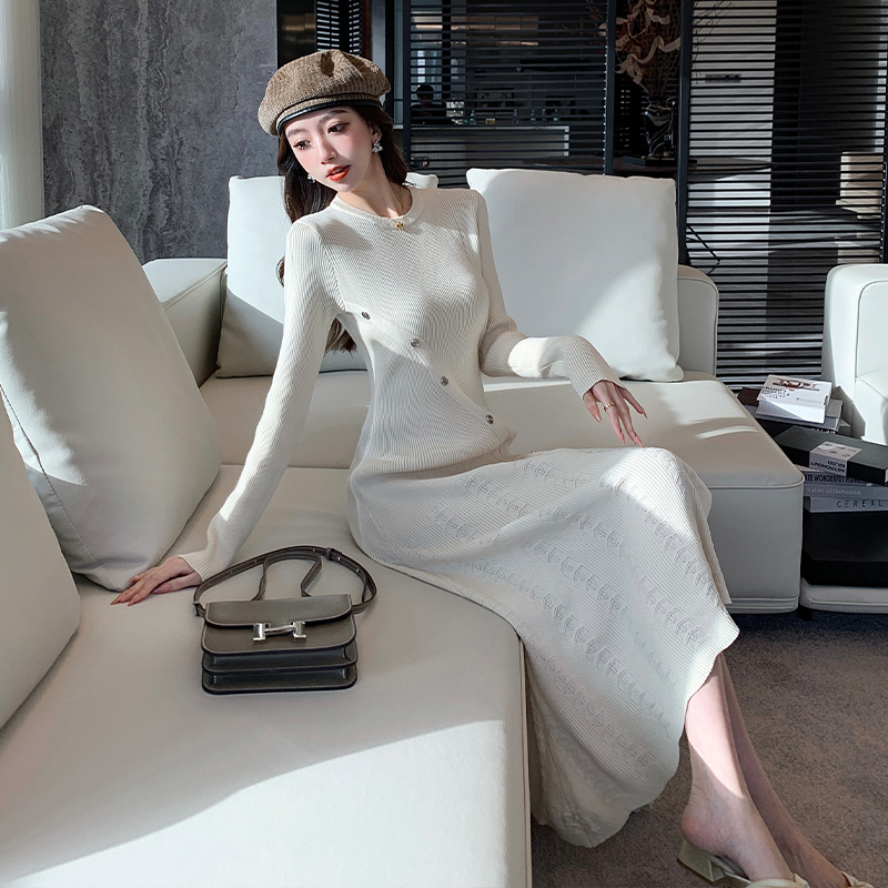 Temperament long sleeve dress hollow knitted long dress