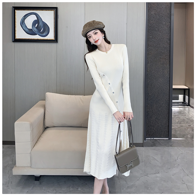 Temperament long sleeve dress hollow knitted long dress