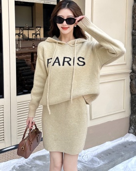 Knitted hooded skirt lazy autumn and winter sweater 2pcs set