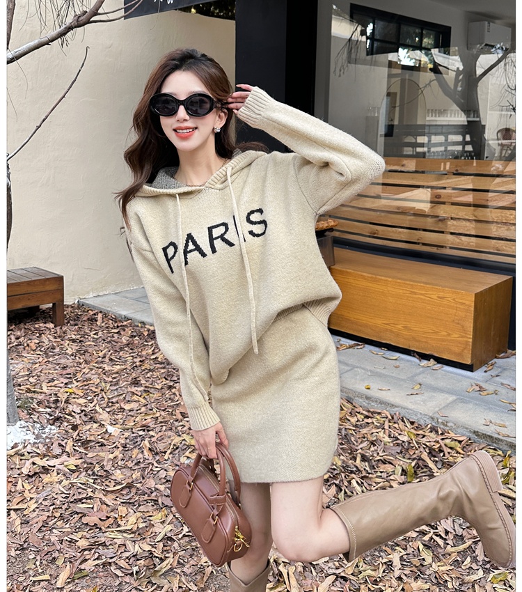 Knitted hooded skirt lazy autumn and winter sweater 2pcs set