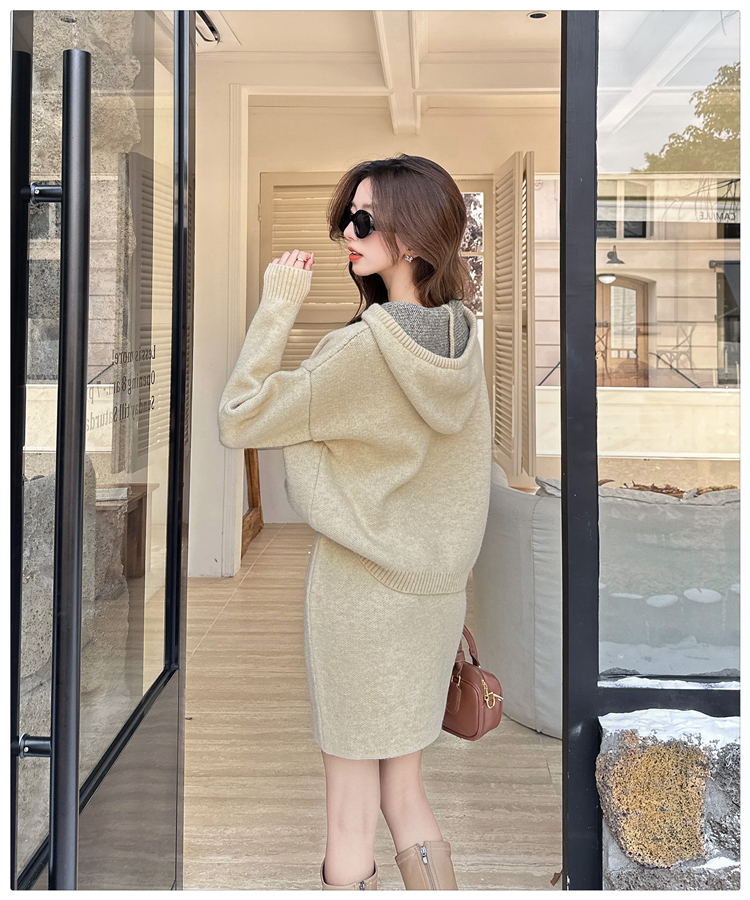 Knitted hooded skirt lazy autumn and winter sweater 2pcs set
