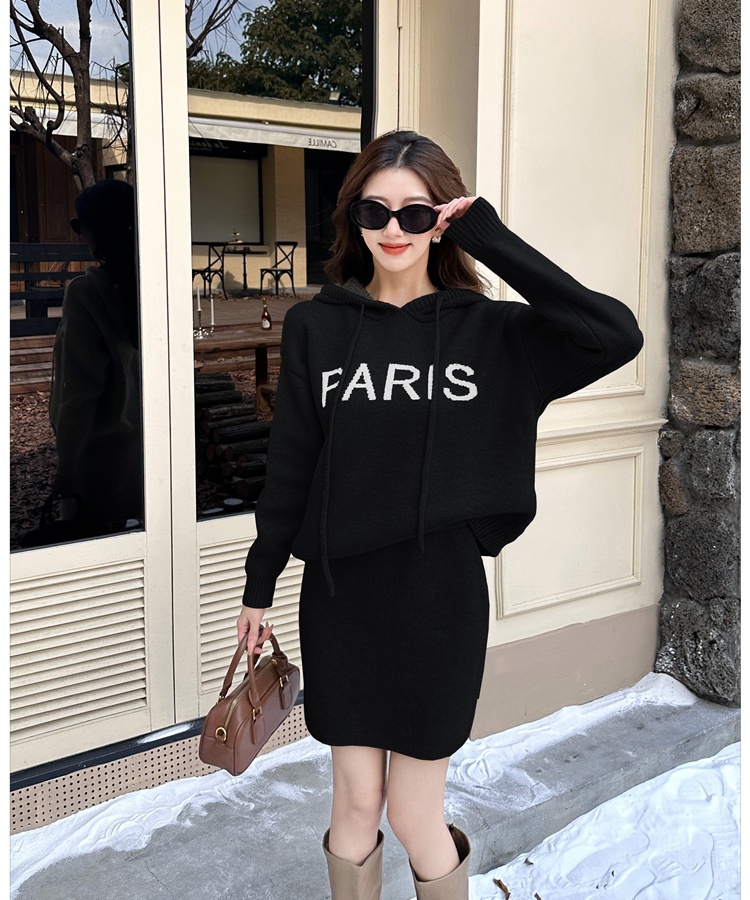 Knitted hooded skirt lazy autumn and winter sweater 2pcs set