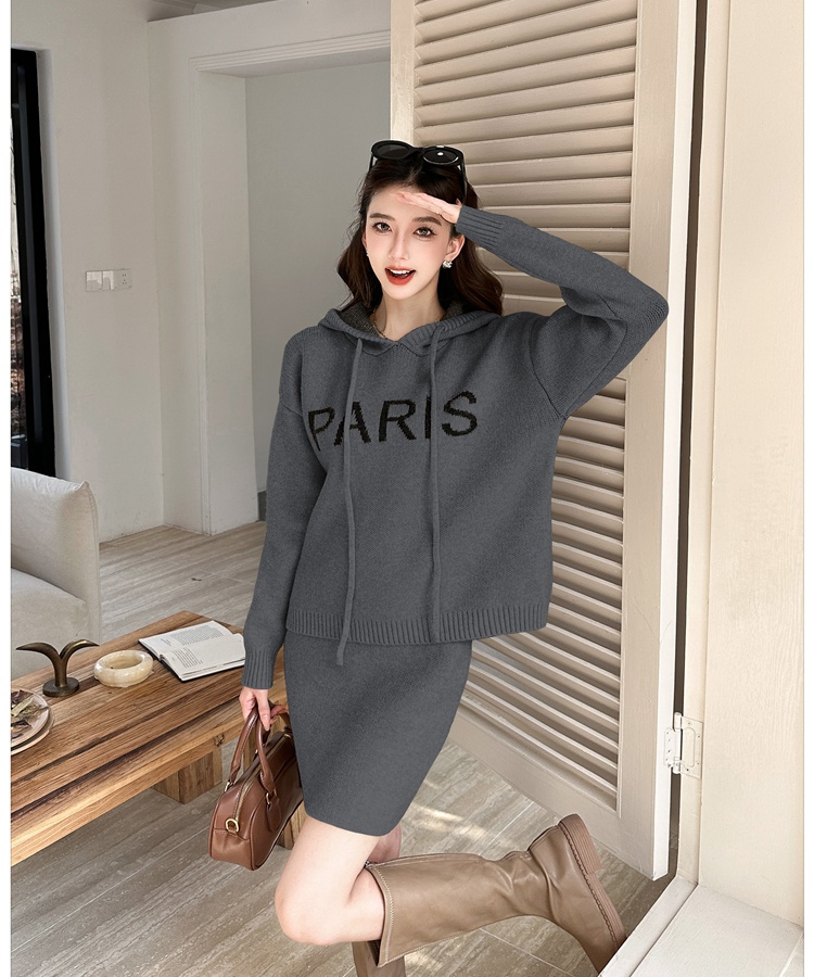 Knitted hooded skirt lazy autumn and winter sweater 2pcs set