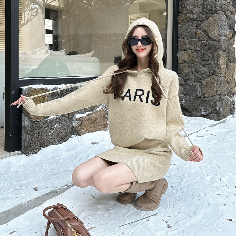 Knitted hooded skirt lazy autumn and winter sweater 2pcs set