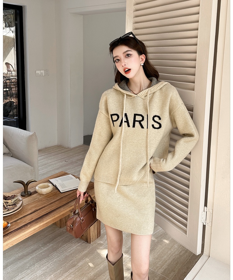Knitted hooded skirt lazy autumn and winter sweater 2pcs set