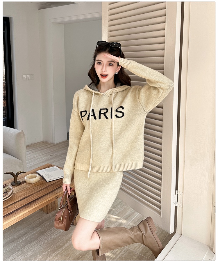 Knitted hooded skirt lazy autumn and winter sweater 2pcs set