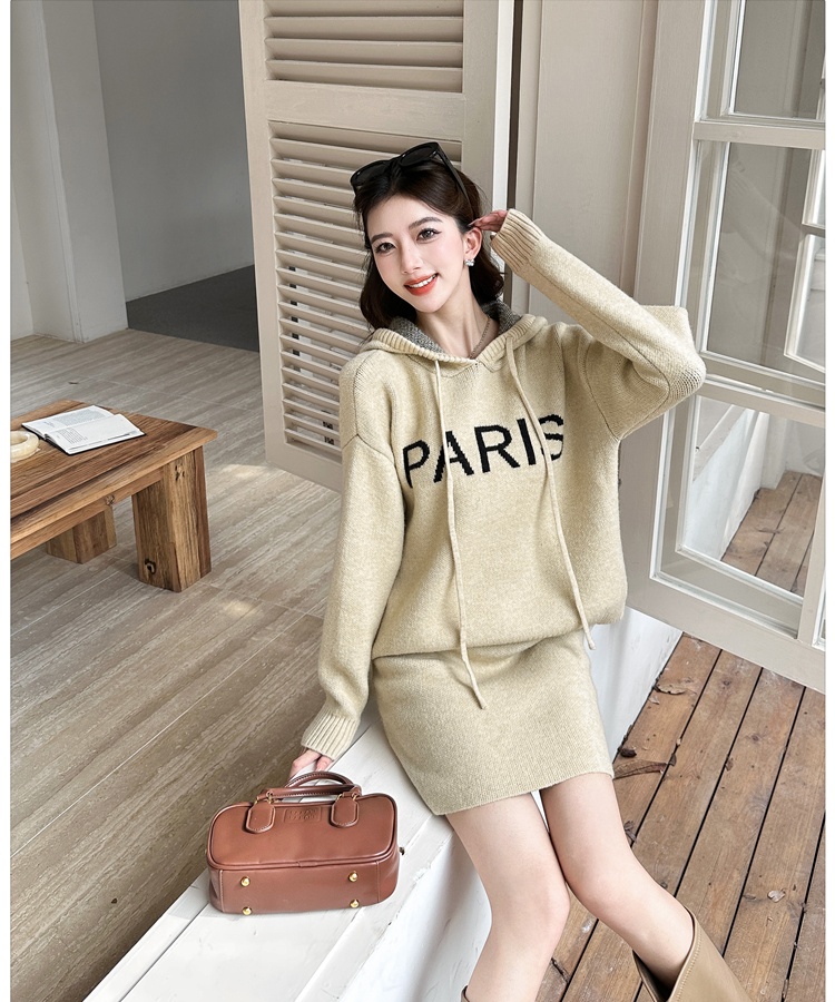 Knitted hooded skirt lazy autumn and winter sweater 2pcs set