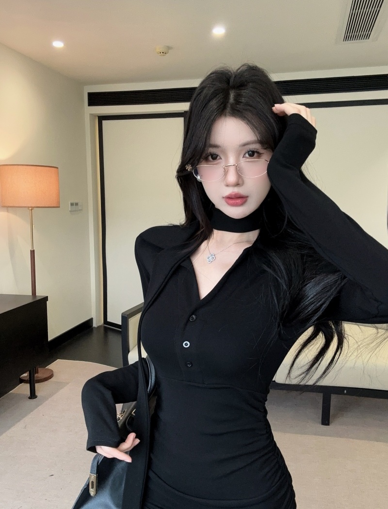 Fold V-neck streamer temperament pinched waist sexy thick T-back