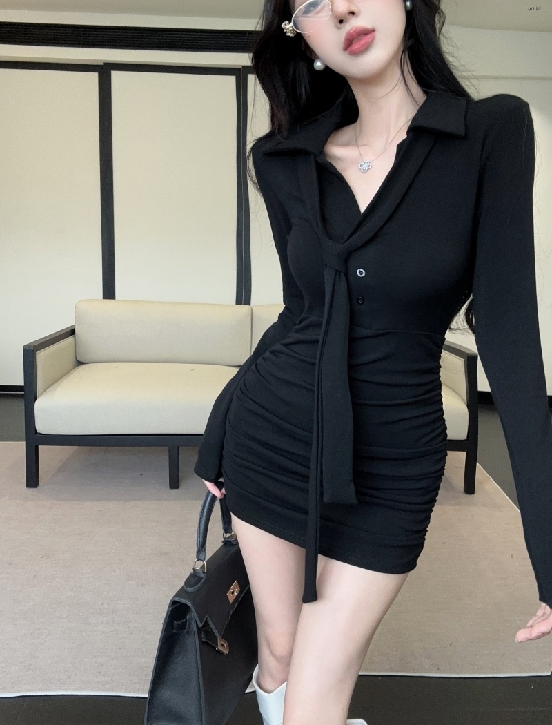 Fold V-neck streamer temperament pinched waist sexy thick T-back