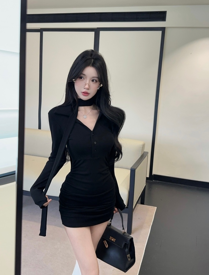 Fold V-neck streamer temperament pinched waist sexy thick T-back