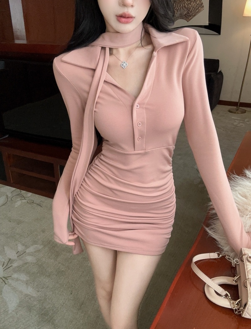 Fold V-neck streamer temperament pinched waist sexy thick T-back