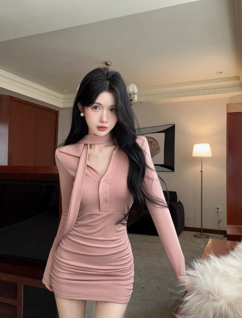 Fold V-neck streamer temperament pinched waist sexy thick T-back