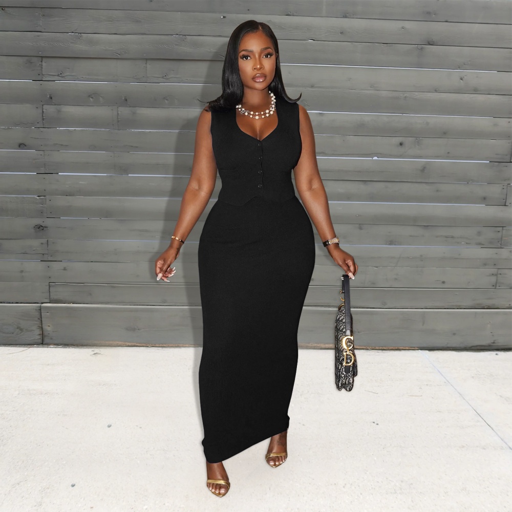 Fashion pure tops buckle Casual long skirt 2pcs set